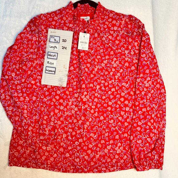 J.Crew Women’s Red Pink Heart Print Smocked Neck Feminine Blouse Size Small NWTD - Picture 9 of 10